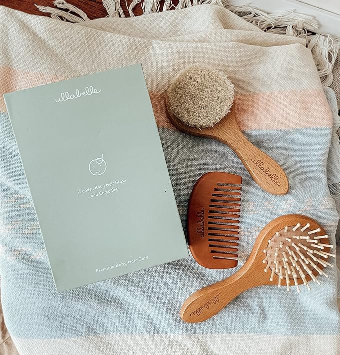 3 Piece Wooden Baby Hair Brush and Comb Set for Newborns & Toddlers in Chic Gift Box - Ultra Soft Natural Goat Hair and Wood Baby Brush Set Prevents Cradle Cap - Perfect Registry Gift (Sage)-CubbioJoy