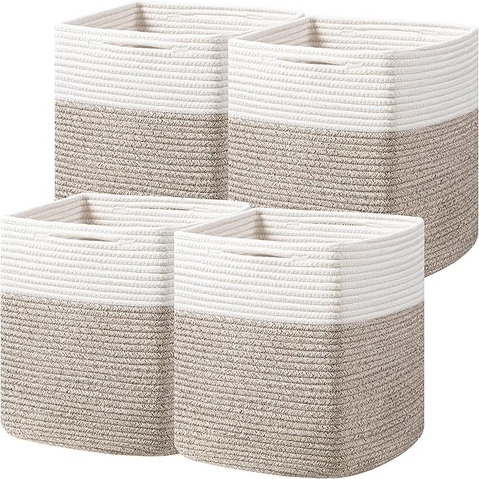 joybest Cube Storage Bins Set of 4, 11inch Cube Baskets Organizer for Nursery, Square Cotton Rope Baskets for Shelves Organizing, Kids Toy, Closet Storage, Brown and Cream White-CubbioJoy