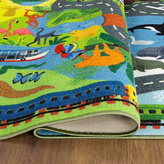 KC Cubs 3x5 Animal Safari Toy Car Road Rug – Educational Play Mat Carpet for Kids, Toddlers, Nursery, Classroom, Playroom, Baby Daycare, Boys & Girls-CubbioJoy