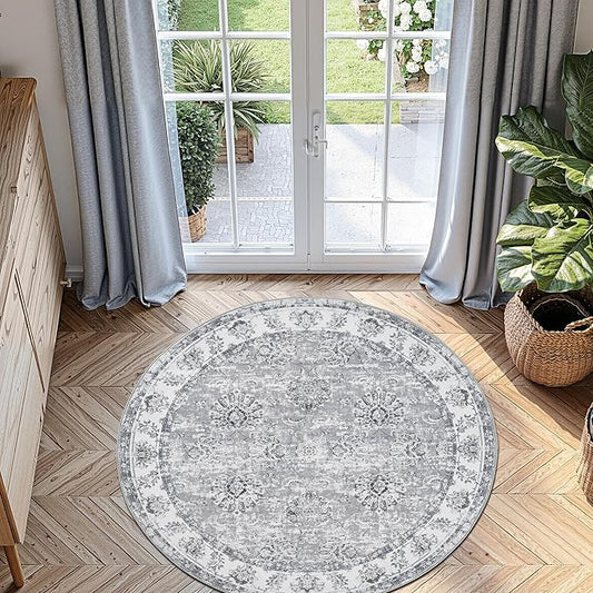 jinchan Round Rug 5ft Area Rug - Indoor Vintage Hallway Circle 5' Washable - Ultra-Thin Low Pile Soft Small Non Slip Distressed Floral Print for Living Room Dining Room Bedroom Entryway Grey-CubbioJoy