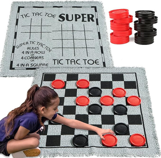 3-in-1 Vintage Giant Checkers, Tic, Tac, Toe, with Reversible Mat, 24 Chips, Family Board Game, Lawn Game, BBQ Party Favor, Indoor and Outdoor Activity for Kids and Adults-CubbioJoy