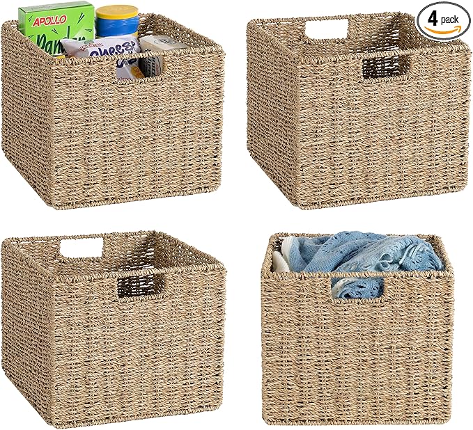 12x12x10in Seagrass Storage Baskets Set of 4, Large Wicker Storage Basket, Decorative Seagrass Shelf Basket, Pantry Baskets Organization,Folding Storage Cube Bins-CubbioJoy
