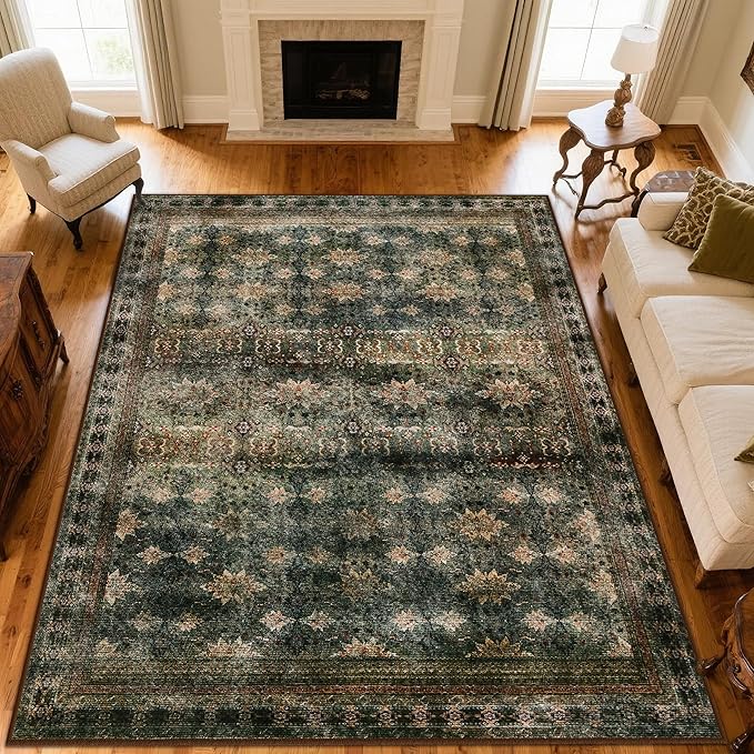4x6 Area Rug for Bedroom Machine Washable, Non Slip Vintage Floral Kitchen Rugs for Dining Room, Rustic Indoor Floor Carpet for Kids Room, Playroom, Farmhouse(Dark Green/Brown/Multi)-CubbioJoy