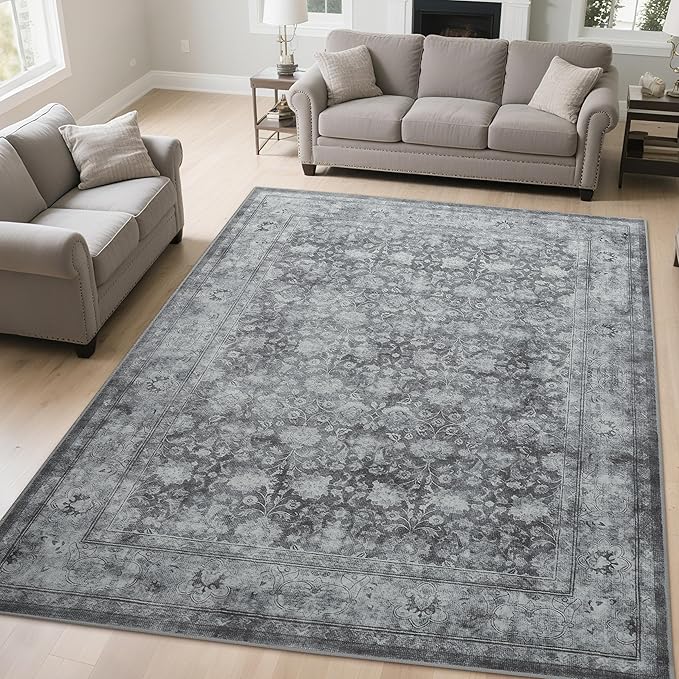 5x7 Washable Area Rug for Living Room, Non Slip Vintage Floral Rugs for Bedroom, Retro Indoor Floor Carpet for Kitchen, Dining Room, Farmhouse, Classroom (Distressed Grey)-CubbioJoy