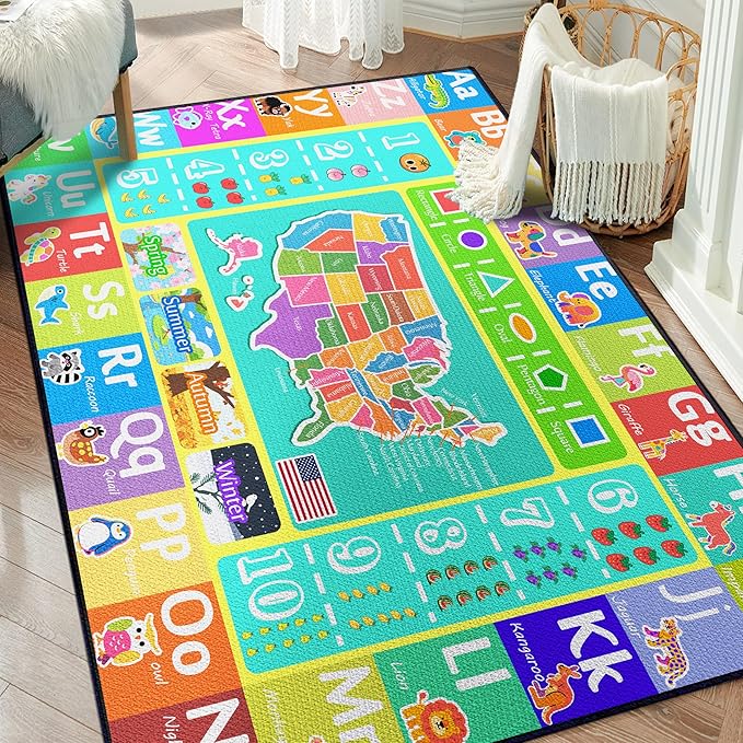 ABC Rug for Kids Playroom, 5'x 6'6" Washable Classroom Area Rugs, Educational Learning Mat with Alphabet Numbers Animals Seasons Shapes for Classroom Preschool Playroom-CubbioJoy
