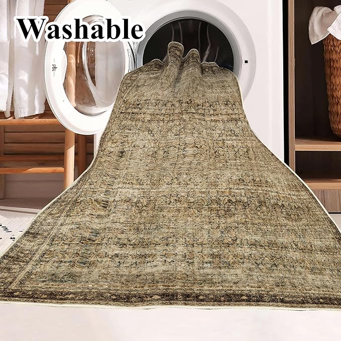 5x7 Washable Area Rug Vintage Brown Traditional Floor Cover Foldable Thin Rug Kitchen Accent Rug Indoor Distressed Non Slip Carpet Floral Print Mat Bedroom Living Room Bathroom-CubbioJoy