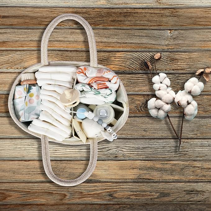 Baby Diaper Caddy Organizer for Girl Boy Cotton Rope Nursery Storage Bin Basket Portable Holder Tote Bag for Changing Table Car Travel Baby Shower Gifts Newborn Registry Must Have Items oatmeal-CubbioJoy